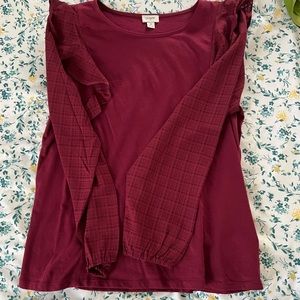 J Crew.  Ruffle-shoulder top with plaid jacquard sleeves. Warm Burgundy.Medium.